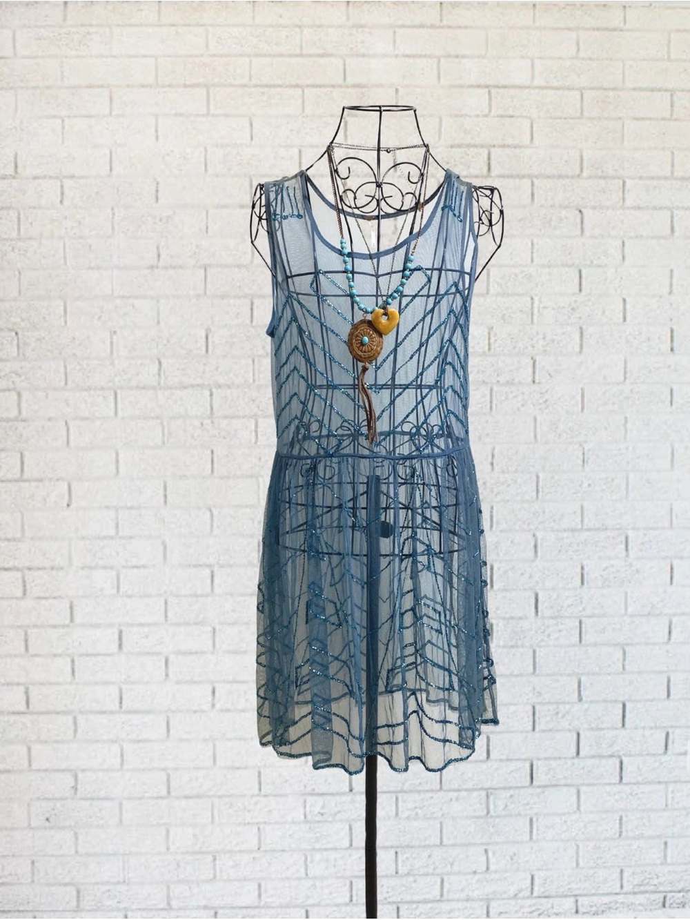 Sheer Mesh Blue Dress Sparkle Embellished Free People Medium Boho Bohemian Party